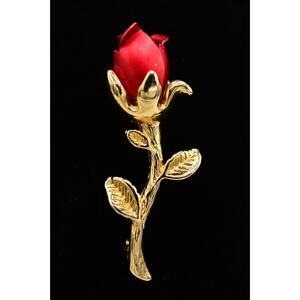Vintage Red Rose Pin Brooch Stem Gold Tone Enamel 1980s BinAL